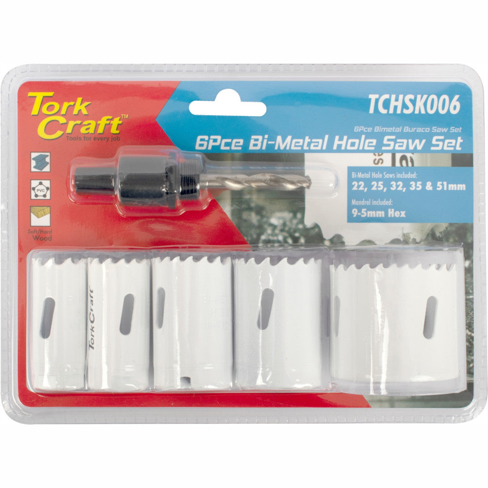 Hole Saw Set 6pce Bi-metal (22/25/32/35/51mm & 3/8 Hex Mandrel)