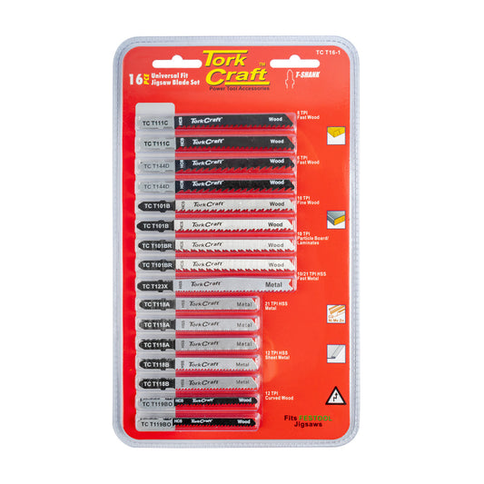 T-shank Jigsaw Blades 16pc Set Assorted Metal & Wood Cutting